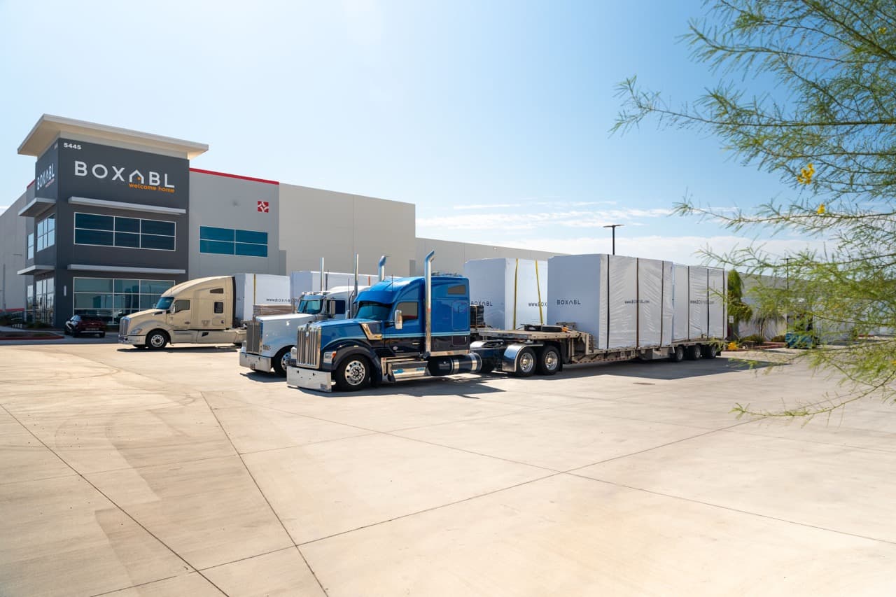 BOXABL homes loaded for delivery outside the Las Vegas factory