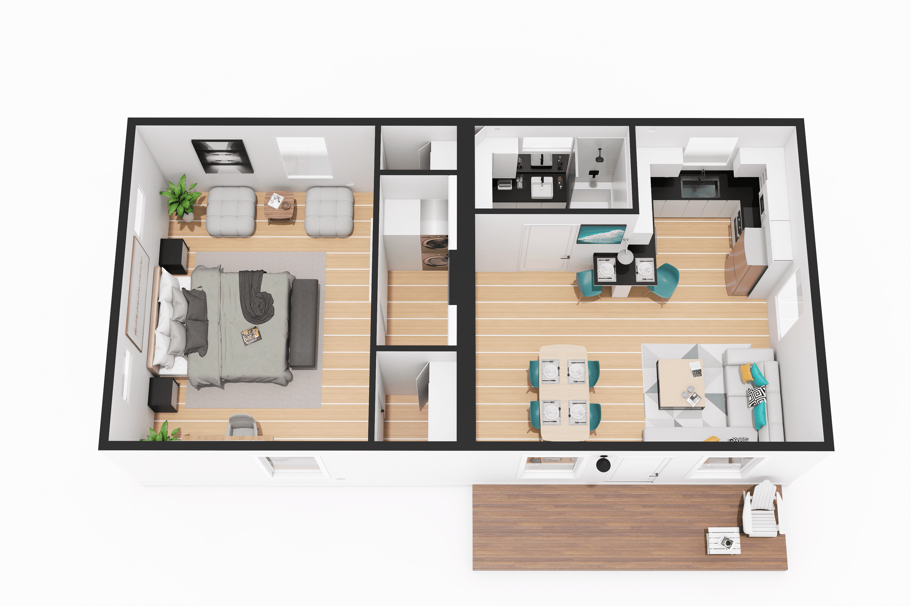 Top-down furnished floor plan of the BOXABL Casita One Bedroom