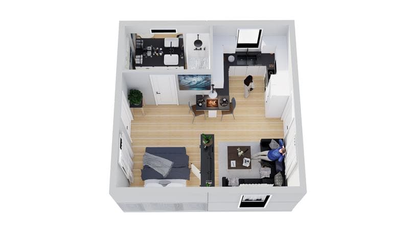 Top-down furnished floor plan of the BOXABL Casita Studio