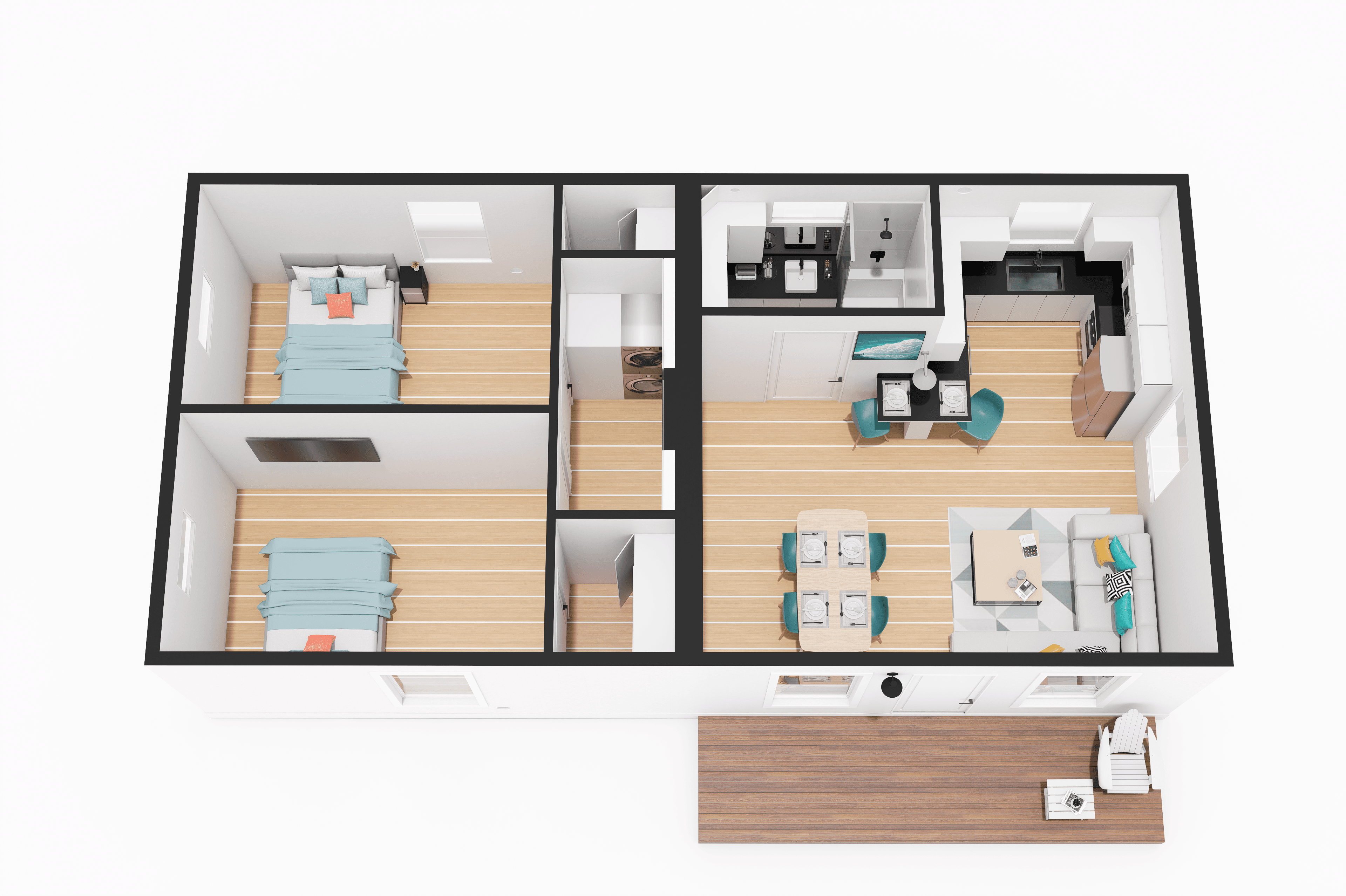 Top-down furnished floor plan of the BOXABL Casita Two Bedroom