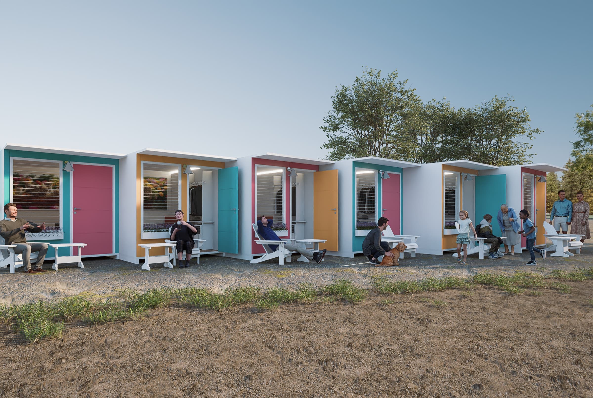 A row of Sanctuary units with color-coded facades and covered porches, residents seated outside