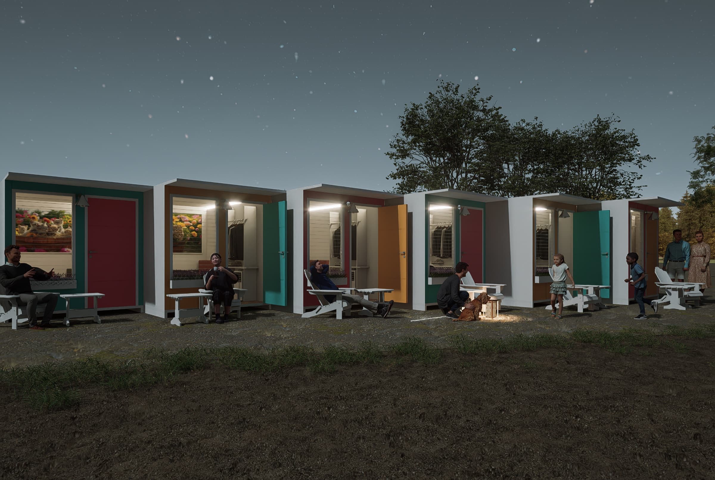 The same Sanctuary village at night with interior and porch lighting on
