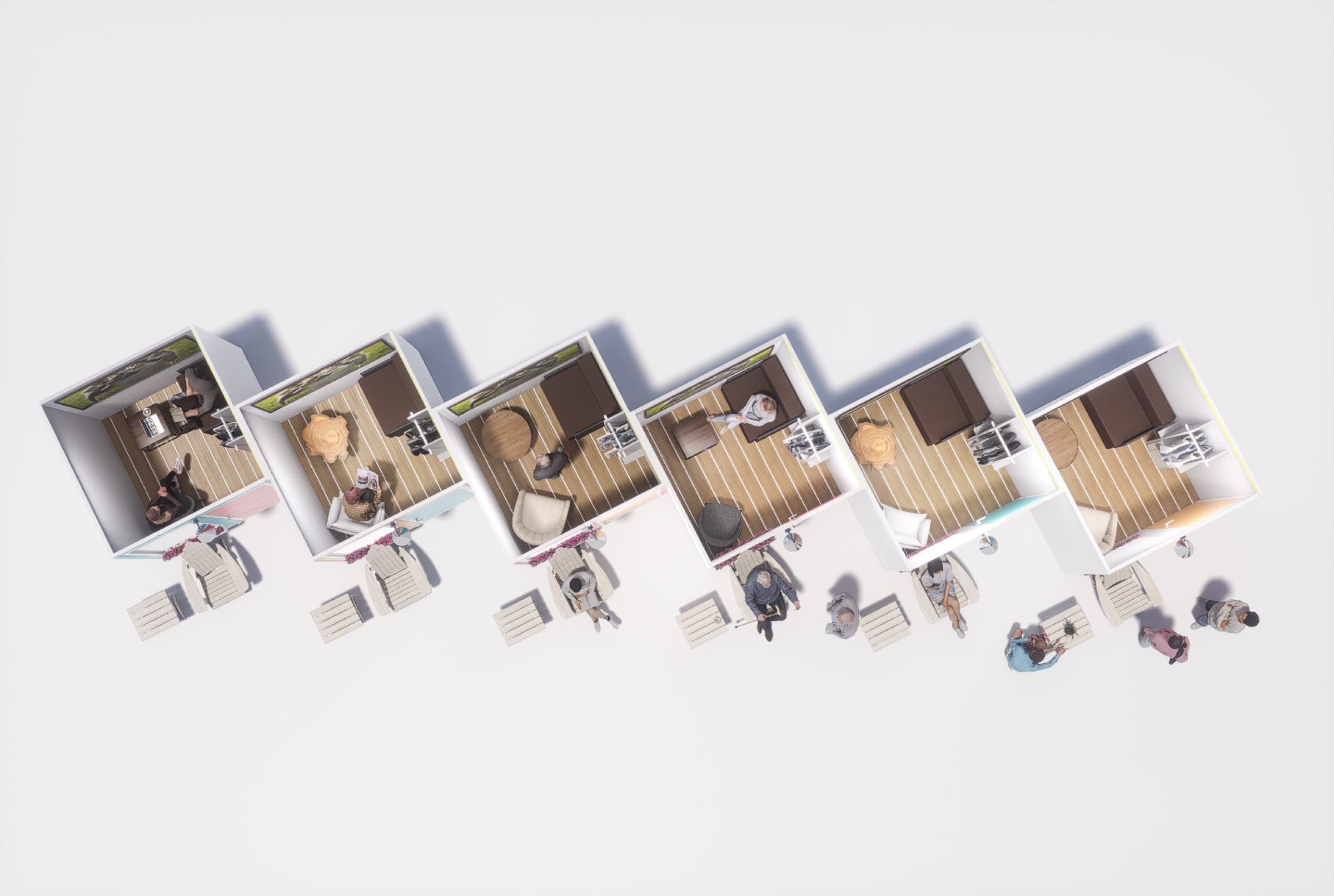 Cutaway overhead view of six Sanctuary units showing the interior layout of each