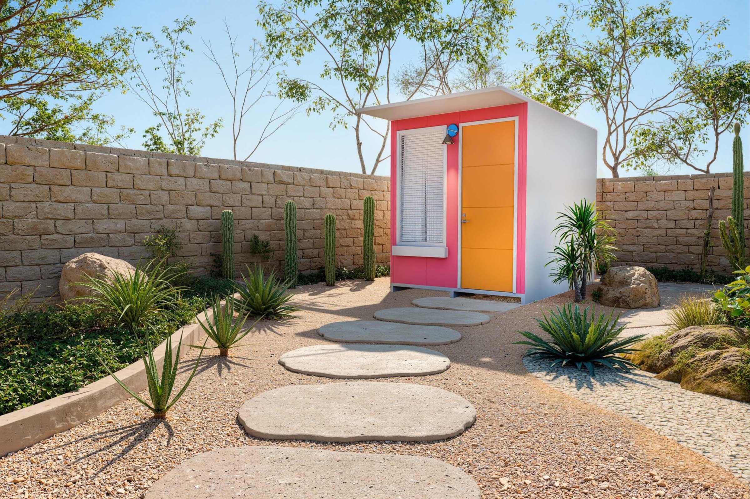 A Sanctuary unit at the end of a stepping-stone path in a walled desert garden