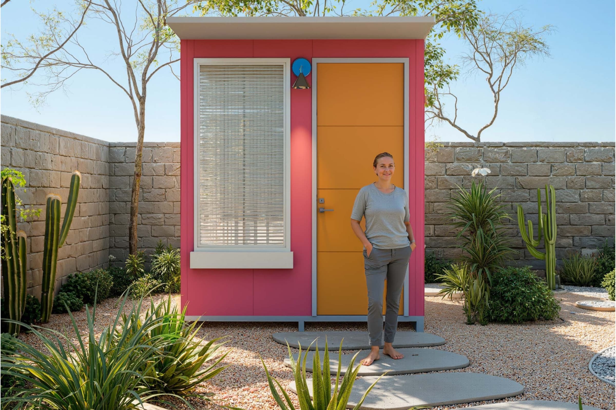 A resident standing in the doorway of a Sanctuary unit with a pink facade and orange door