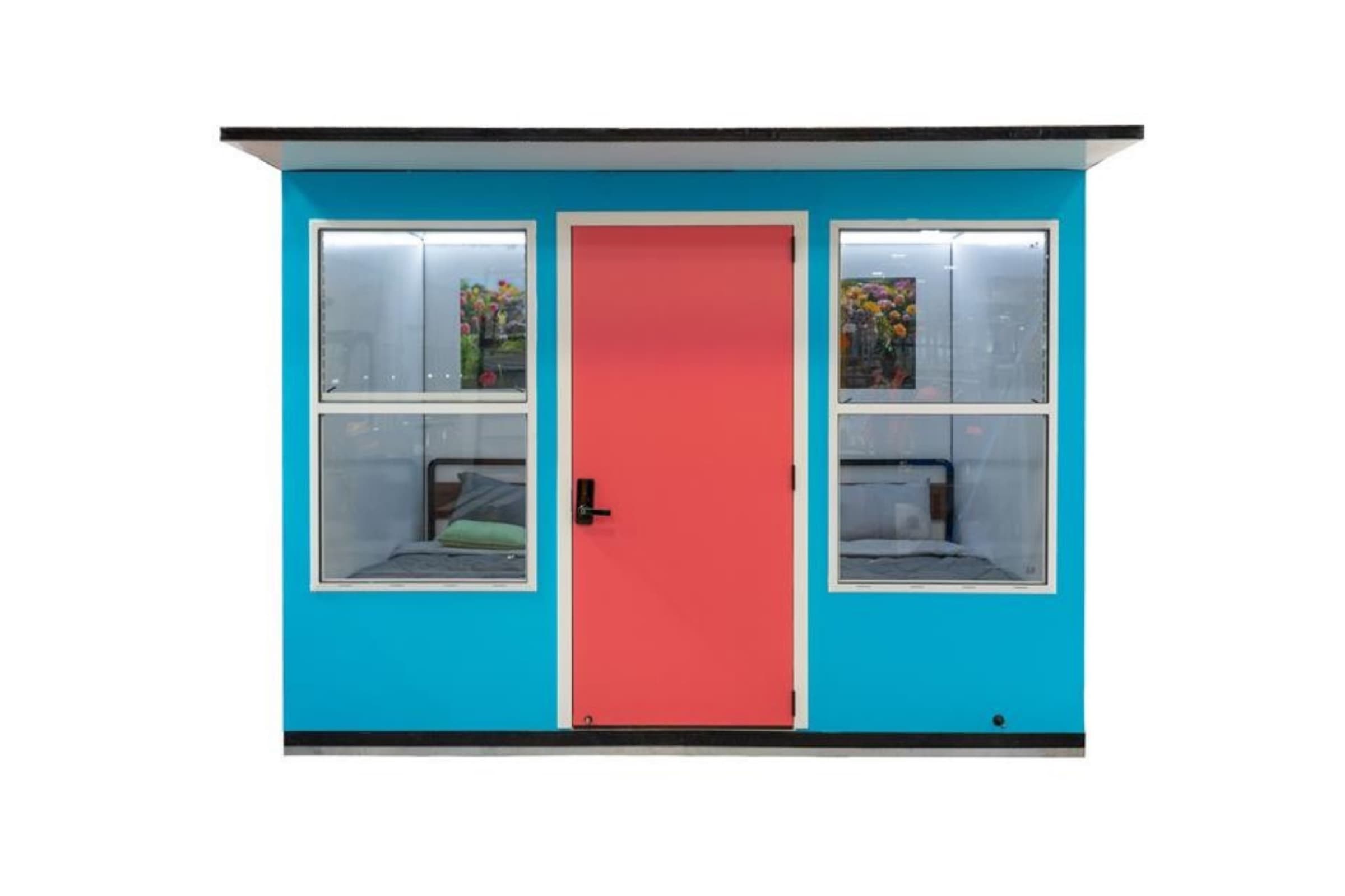 Front elevation of the Sanctuary Sleep 2 unit: two security windows flanking a solid entry door