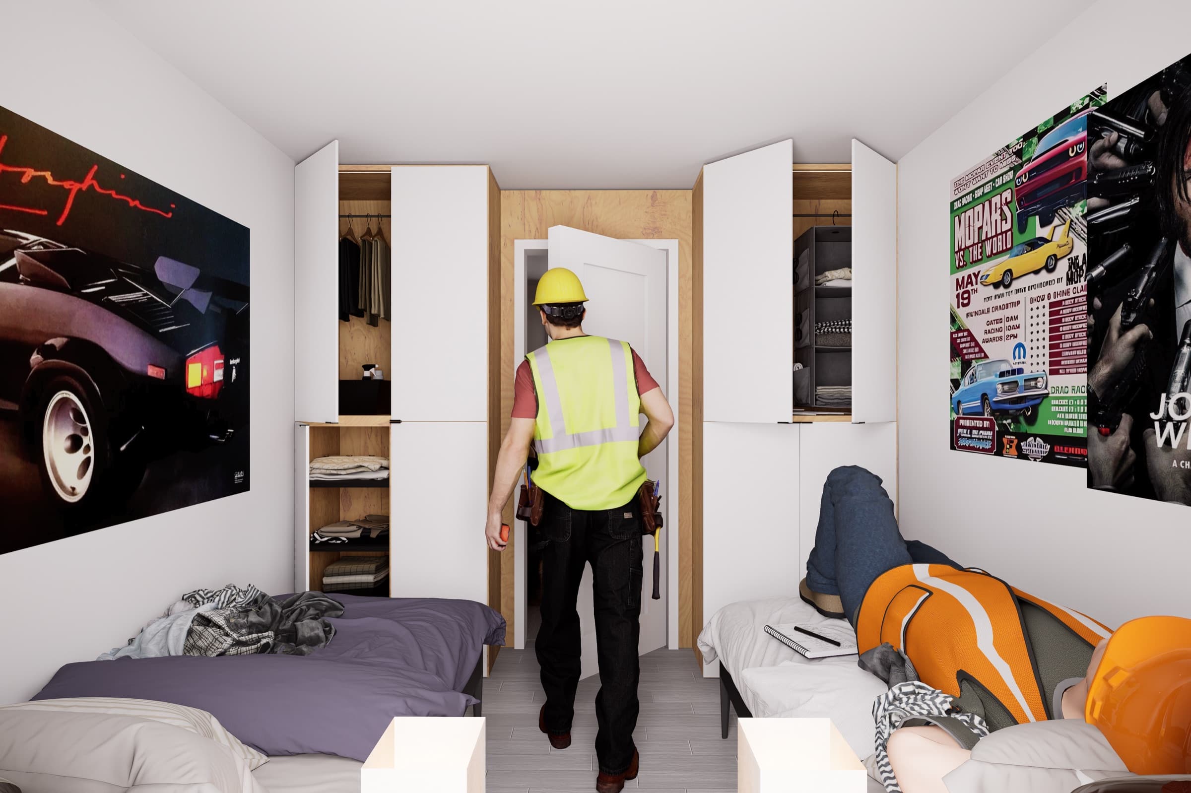 Twin-bed bedroom in the Workforce 600 unit with wardrobes and overhead storage