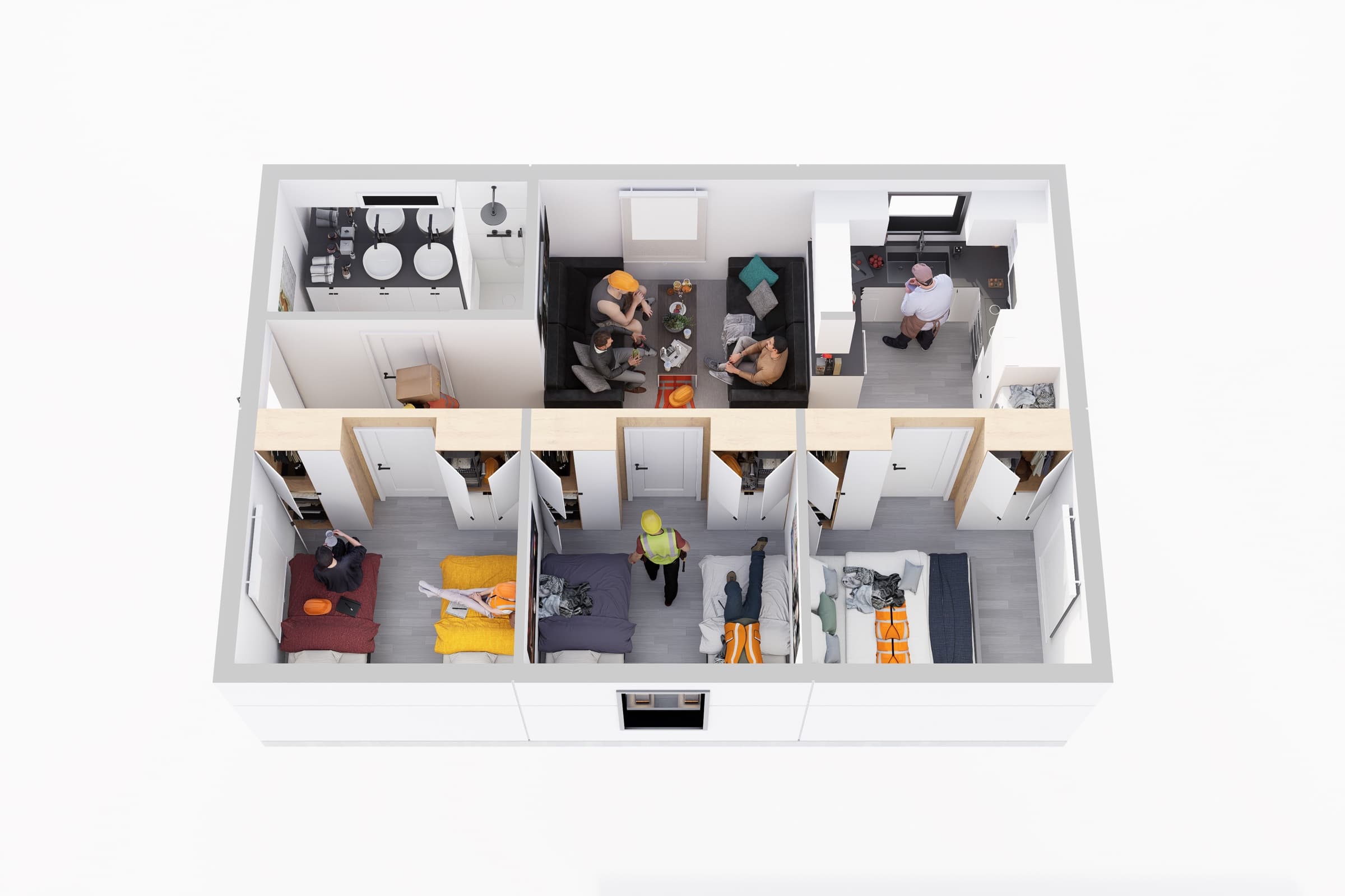 Cutaway floor plan of the Workforce 600 unit showing three bedrooms, a living room, kitchen, bathroom and laundry