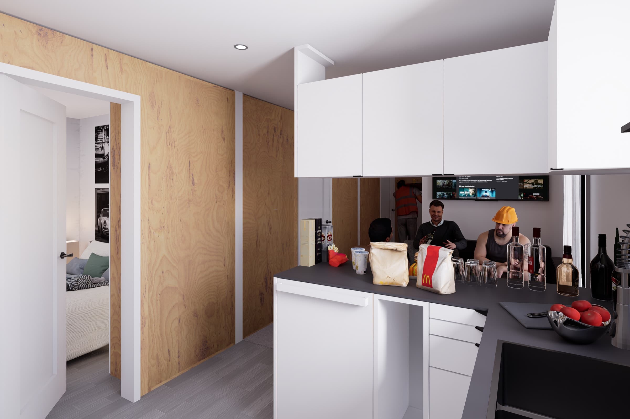 Kitchen of the Workforce 600 unit with full-height cabinetry and a breakfast bar