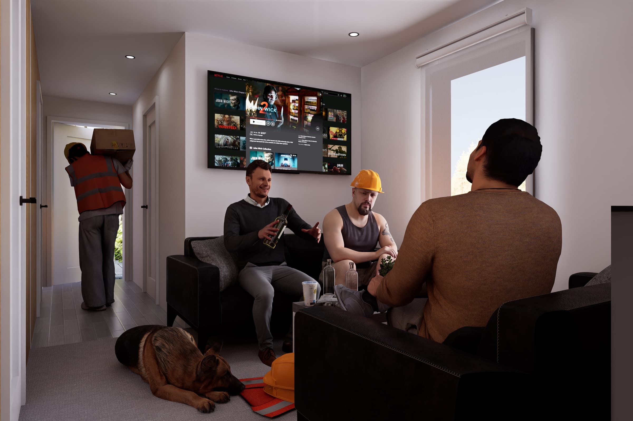 Living room of the Workforce 600 unit with a wall-mounted TV and seating