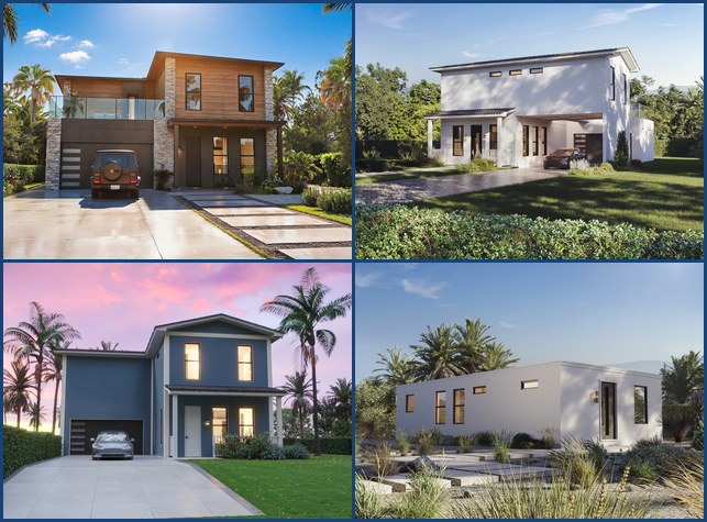 Boxabl home renders — single family, sunset, and familia configurations