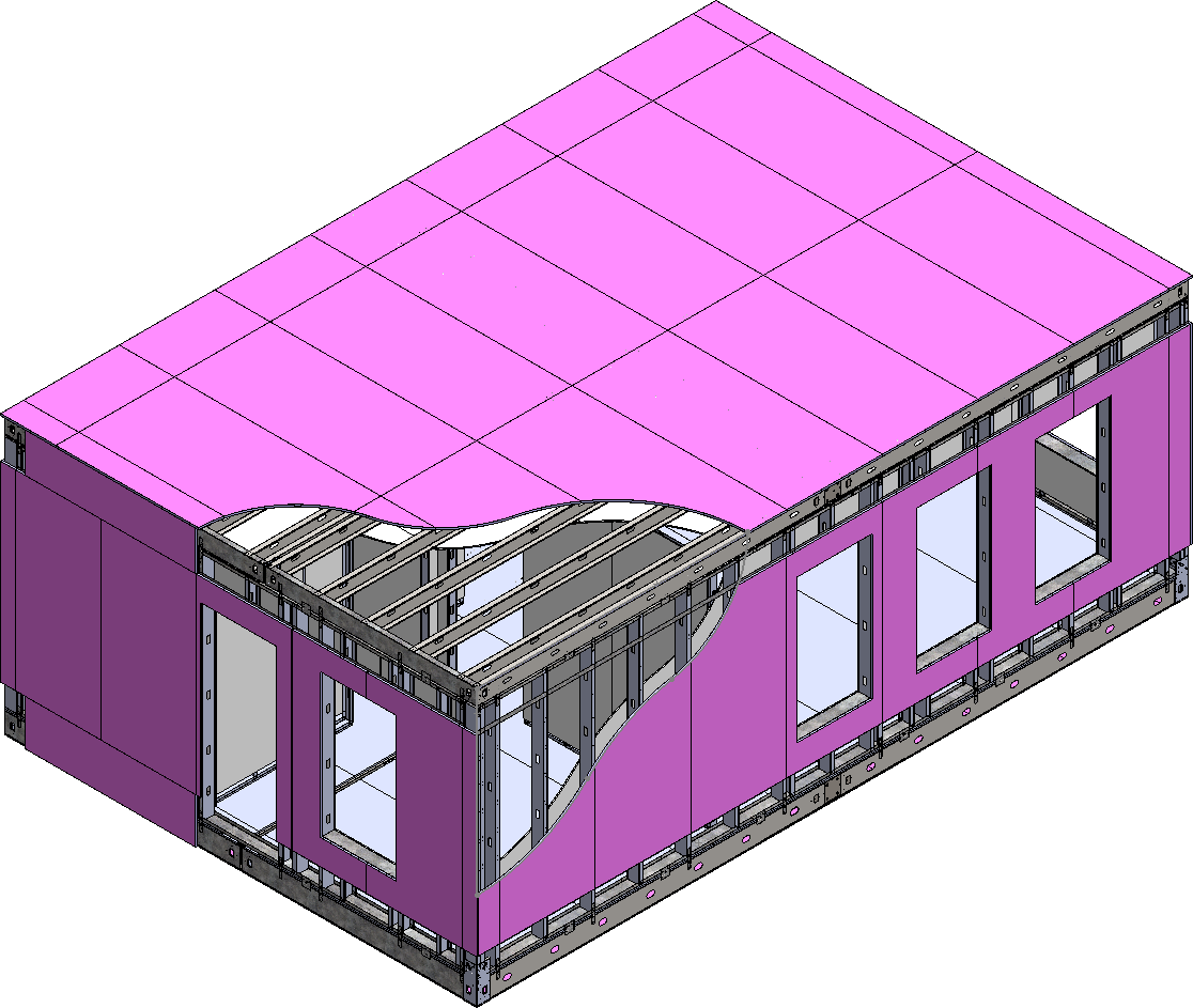Cutaway of a Boxabl building shell — folding roof, structural framing, windows, and interior finish