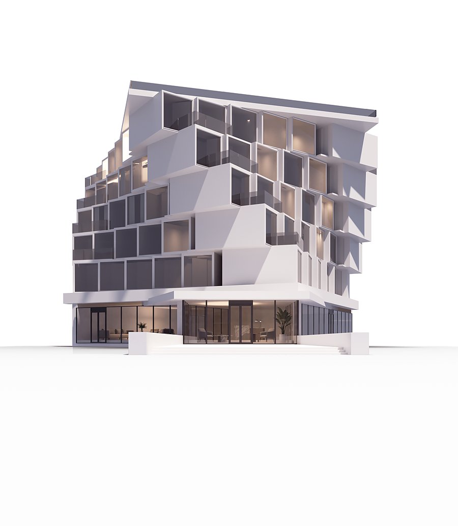 Render of a multi-story BOXABL apartment building