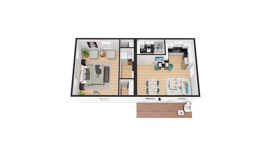 Top-down floor plan of the BOXABL Casita 1-Bedroom