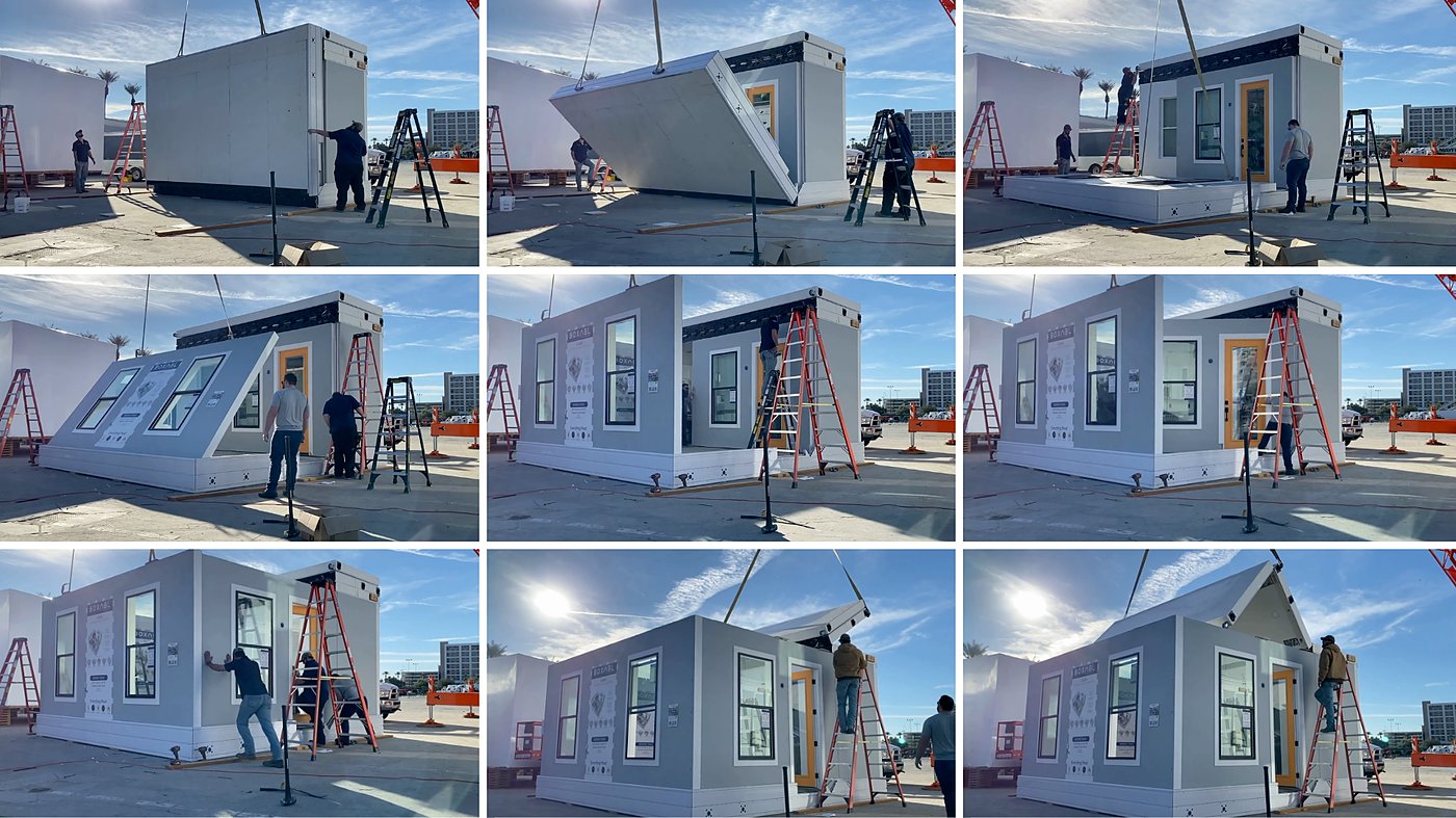 BOXABL Casita units being unfolded and installed on site
