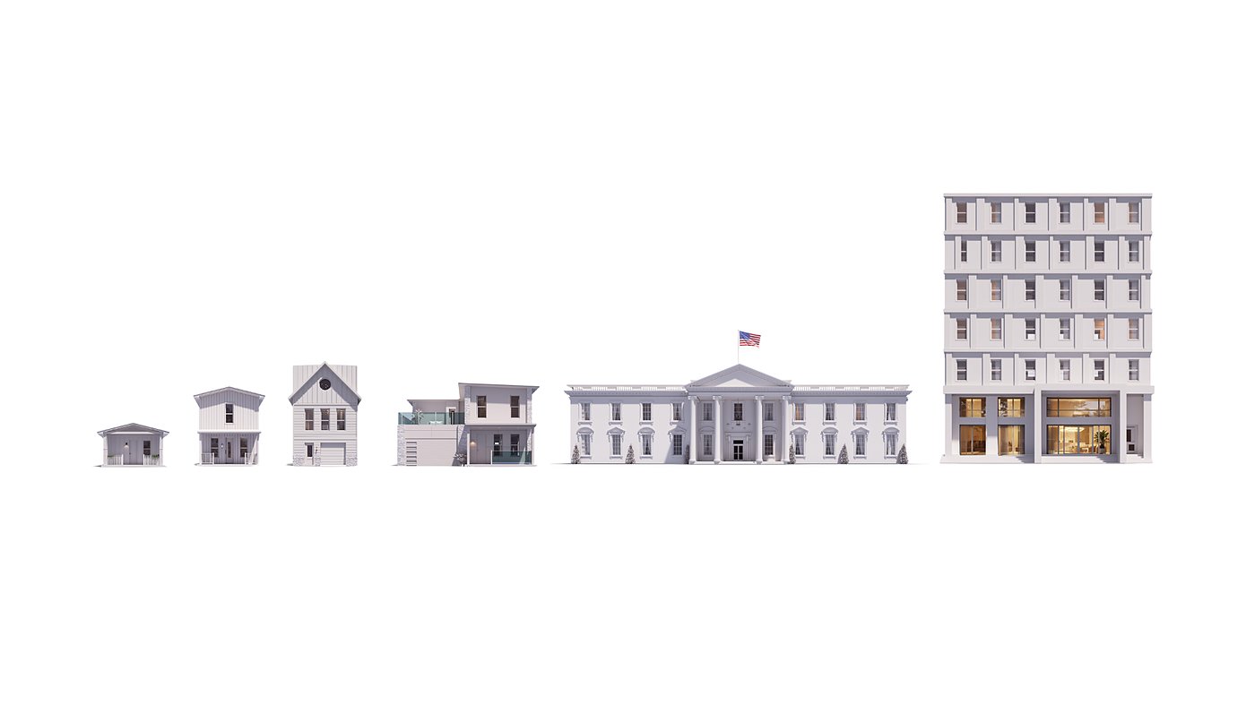 A range of building configurations built from BOXABL modules, from small homes to multi-story